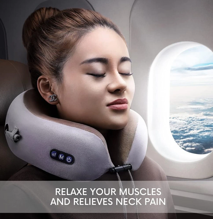 CUSCINO CERVICALE MASSAGGIATORE COLLO AUTO RICARICABILE USB PORTATILE DA VIAGGIO