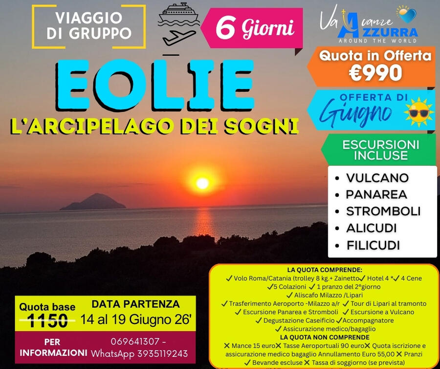 14 GIUGNO 2026 TOUR ISOLE EOLIE  6 GIORNI 
