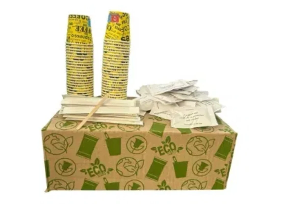 KIT ACCESSORI CAFFÈ CIALDE 100 PALETTE LEGNO 100 BUSTINE ZUCCHERO 100 BICCHIERI