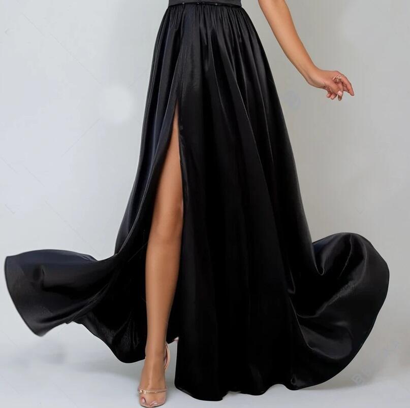 0973 Light satin dress with side slit and nude look bodice