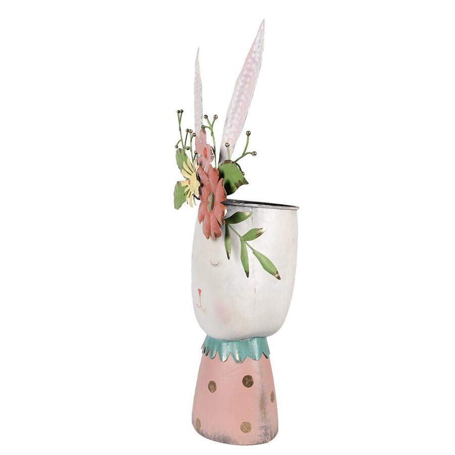 Clayre & Eef – Fioriera Coniglio 62 cm Bianco base rosa in Metallo | Statuetta Porta Vaso Decorativa