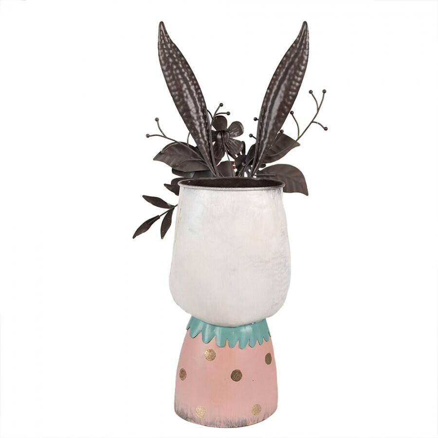 Clayre & Eef – Fioriera Coniglio 62 cm Bianco base rosa in Metallo | Statuetta Porta Vaso Decorativa