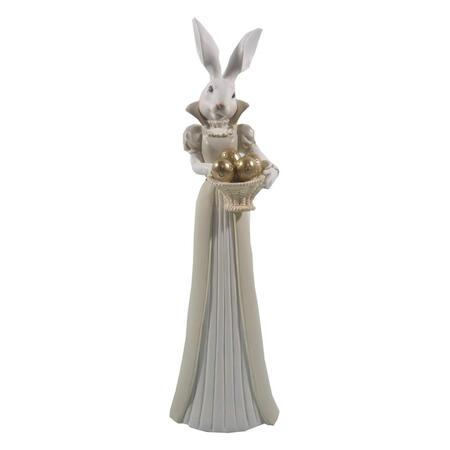 Clayre & Eef – Statuetta Coniglietta Elegante con Cestino di Uova Dorate 37 cm in Polyresin