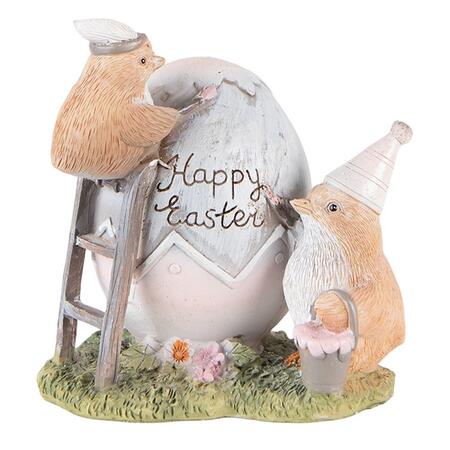Clayre & Eef - Statuetta Pasquale con Pulcini che Decorano Uovo “Happy Easter” in Polyresin
