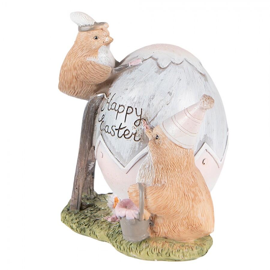 Clayre & Eef - Statuetta Pasquale con Pulcini che Decorano Uovo “Happy Easter” in Polyresin