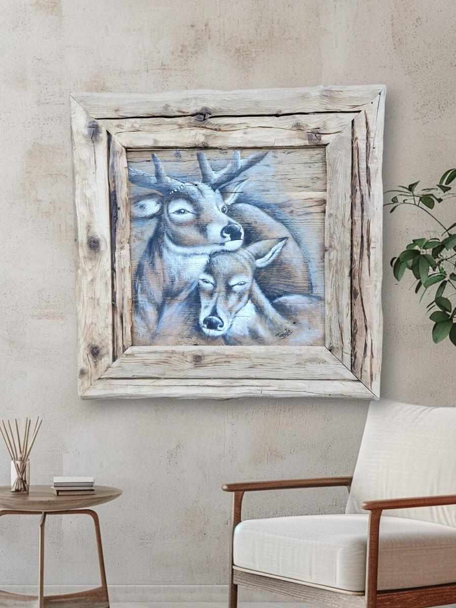 Quadro su  tavole di legno vecchio raffigurante coppia di cervi