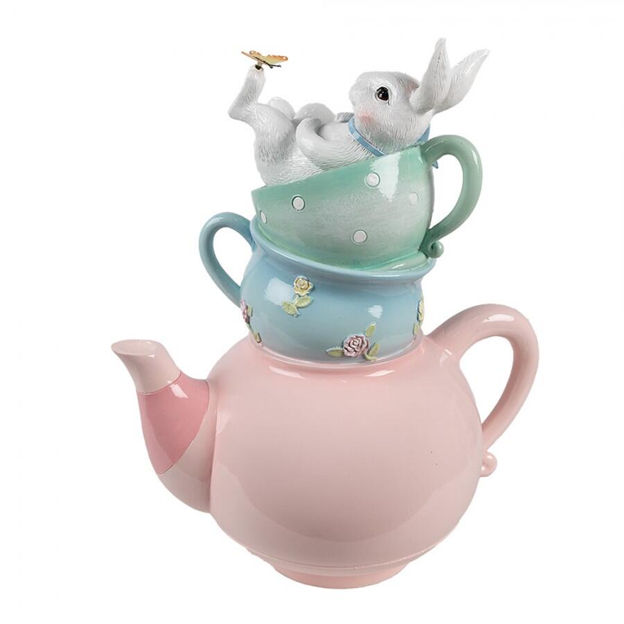 Clayre & Eef – Teiera Decorativa con Tazzine e Coniglietto in Polyresin