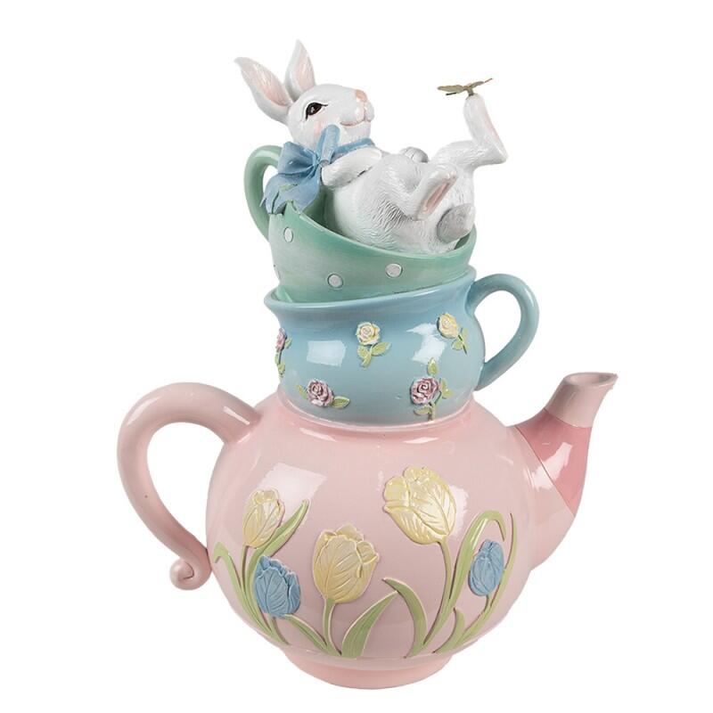 Clayre & Eef – Teiera Decorativa con Tazzine e Coniglietto in Polyresin