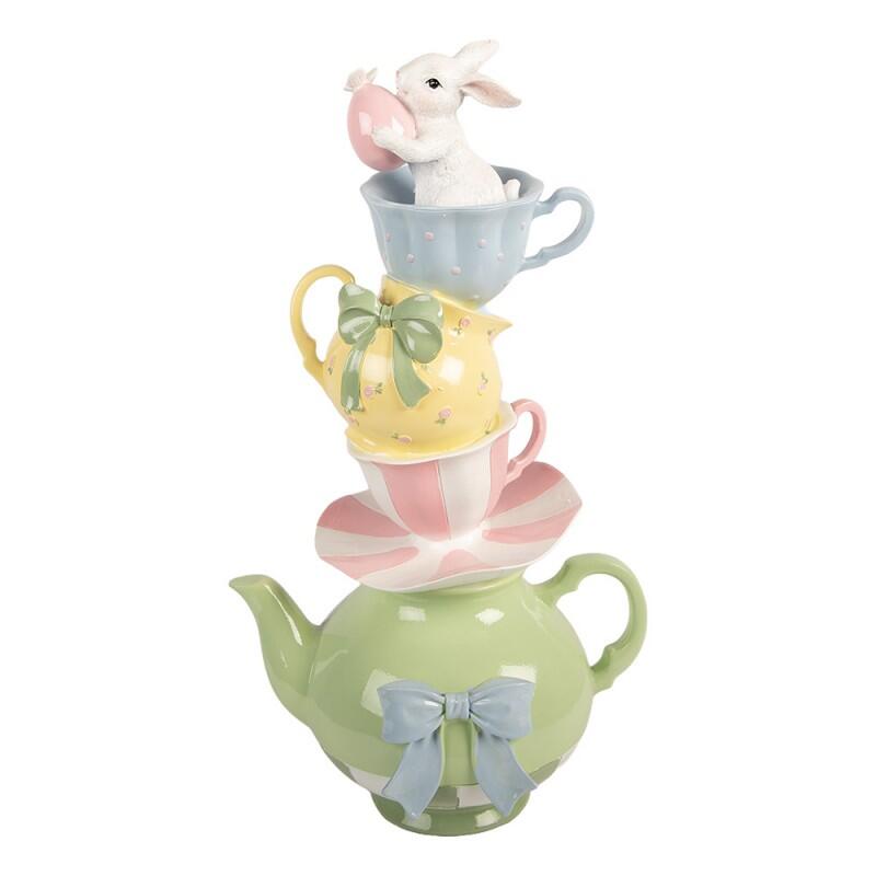Clayre & Eef – Torre di Tazze e Teiera Pastello con Coniglietto Decorativo