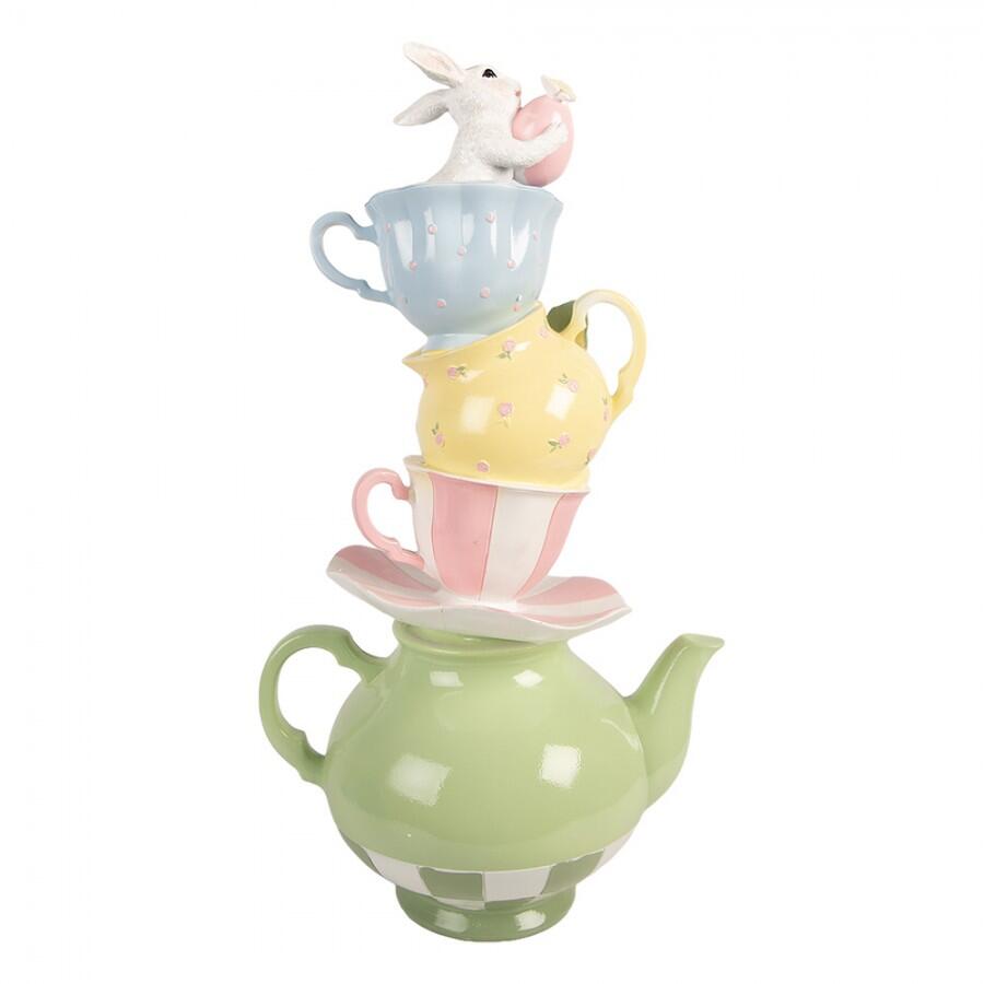 Clayre & Eef – Torre di Tazze e Teiera Pastello con Coniglietto Decorativo