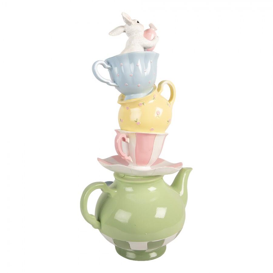 Clayre & Eef – Torre di Tazze e Teiera Pastello con Coniglietto Decorativo