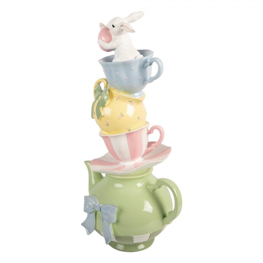 Clayre & Eef – Torre di Tazze e Teiera Pastello con Coniglietto Decorativo