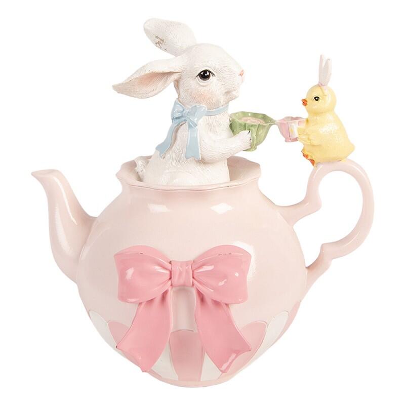 Clayre & Eef – Teiera Rosa con Coniglietti e Tazzina Decorativa in Polyresin