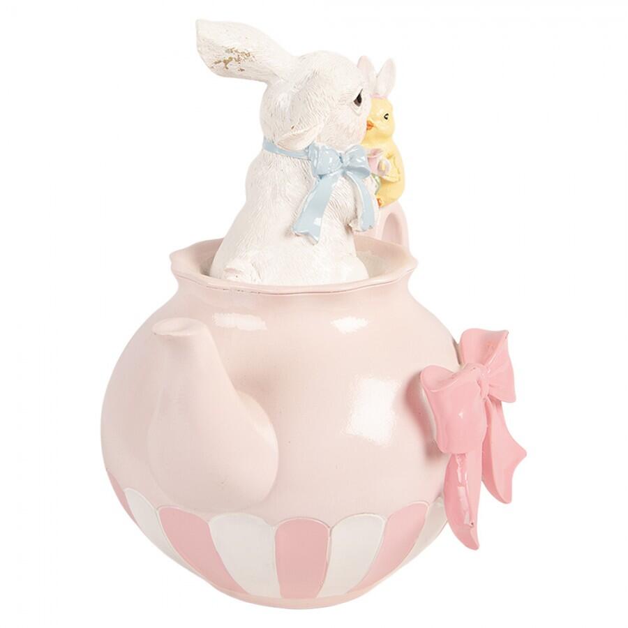 Clayre & Eef – Teiera Rosa con Coniglietti e Tazzina Decorativa in Polyresin