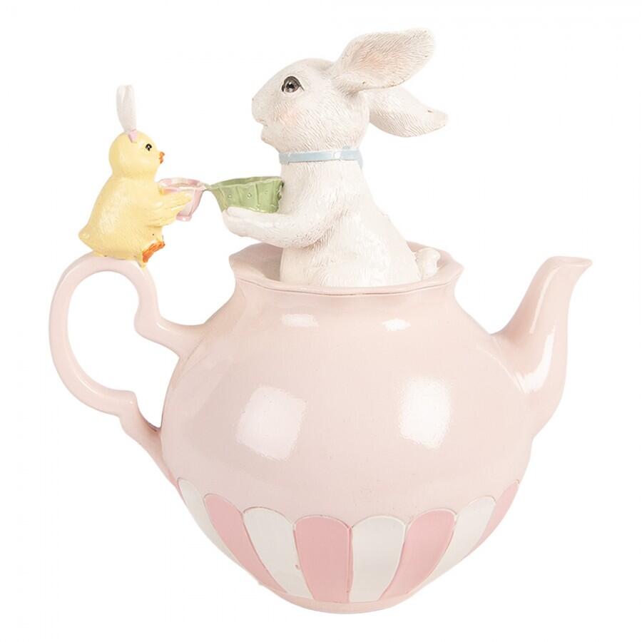 Clayre & Eef – Teiera Rosa con Coniglietti e Tazzina Decorativa in Polyresin