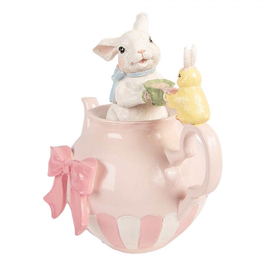 Clayre & Eef – Teiera Rosa con Coniglietti e Tazzina Decorativa in Polyresin
