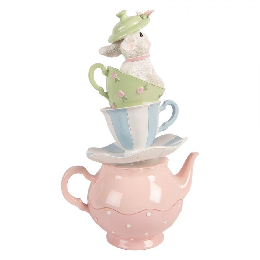 Clayre & Eef – Teiera Rosa con Tazze Impilate e Coniglietto Decorativo