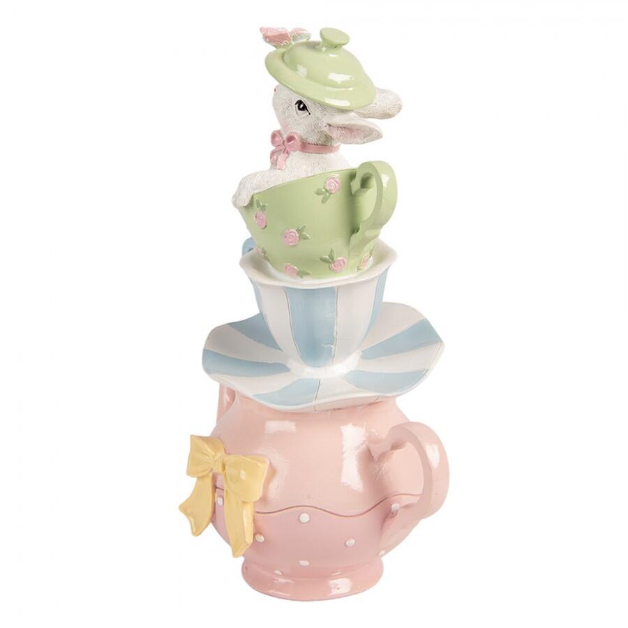 Clayre & Eef – Teiera Rosa con Tazze Impilate e Coniglietto Decorativo