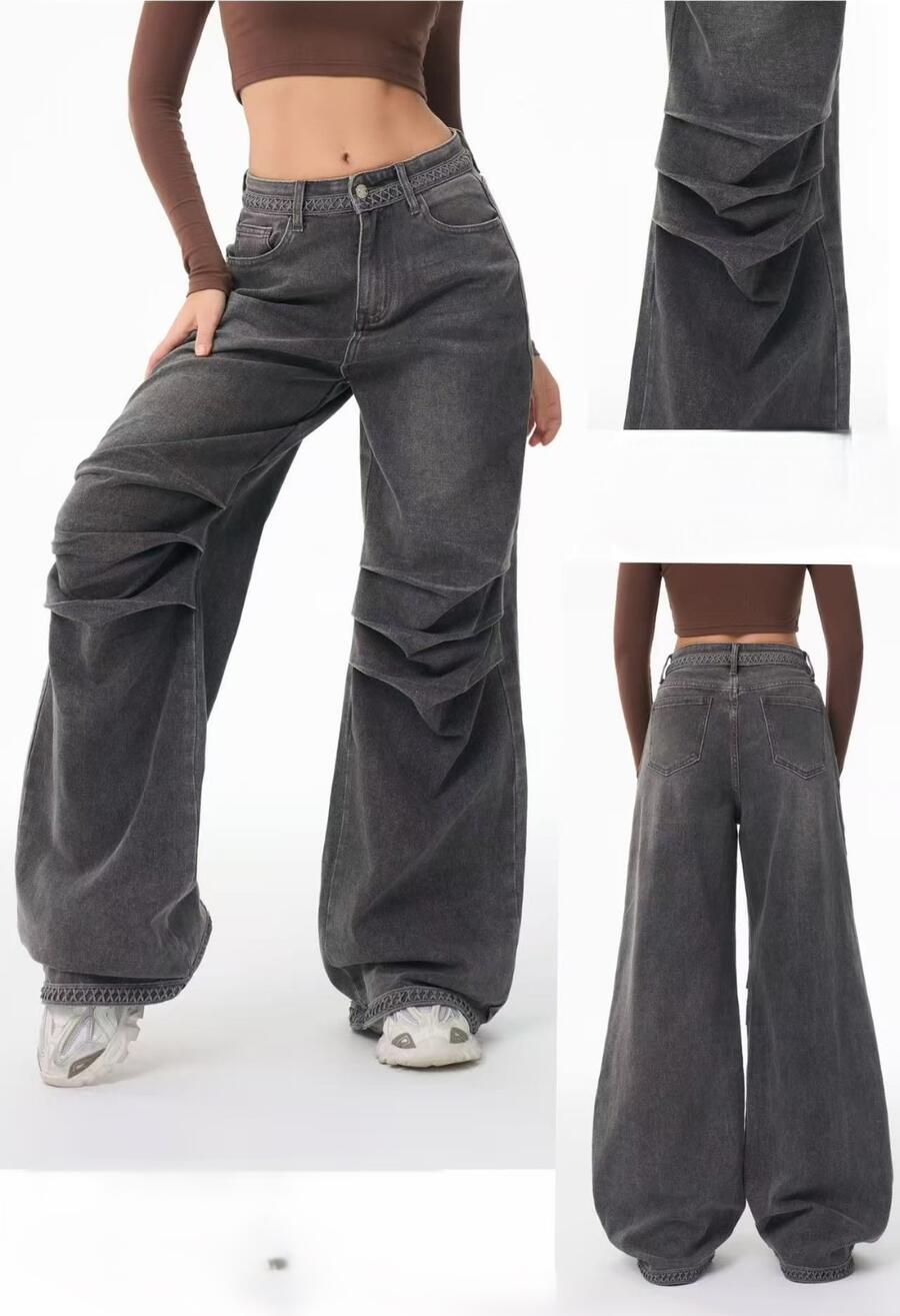 Jeans grigio palzzo gamba ampia con ginocchia arricciate taglie XS - L