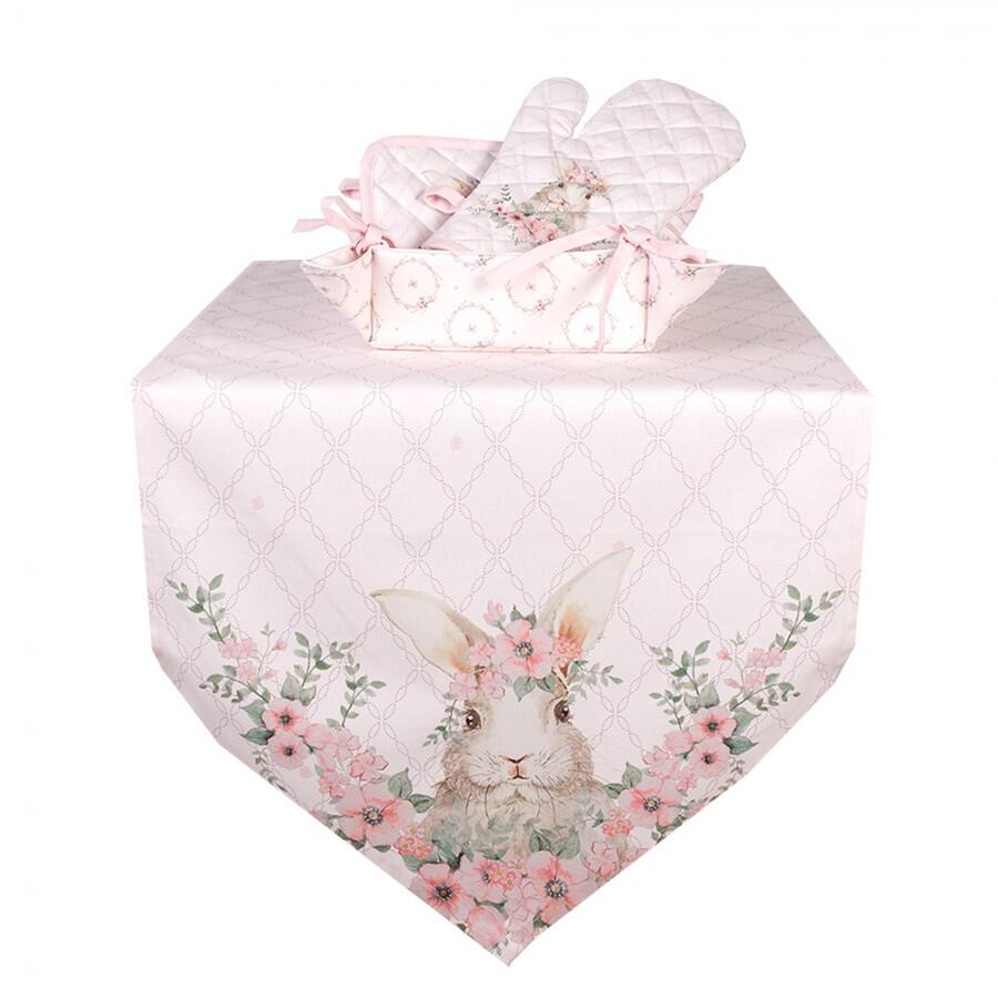 Clayre & Eef – Runner Rosa con Coniglietto e Fiori in Cotone 50×160 cm