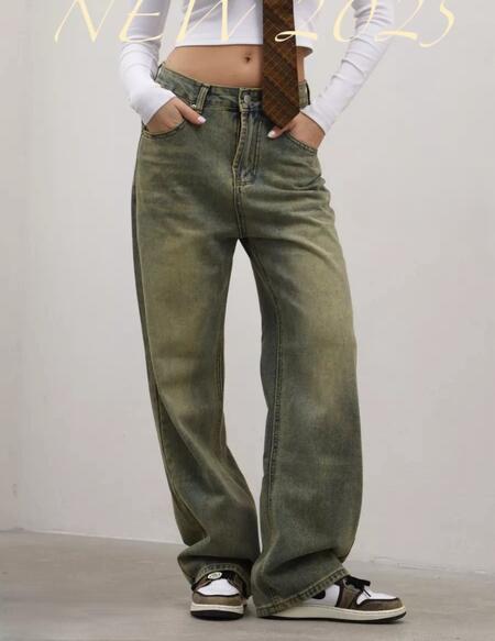 Jeans verde sabbiato palazzo gamba ampia taglie XS-XL