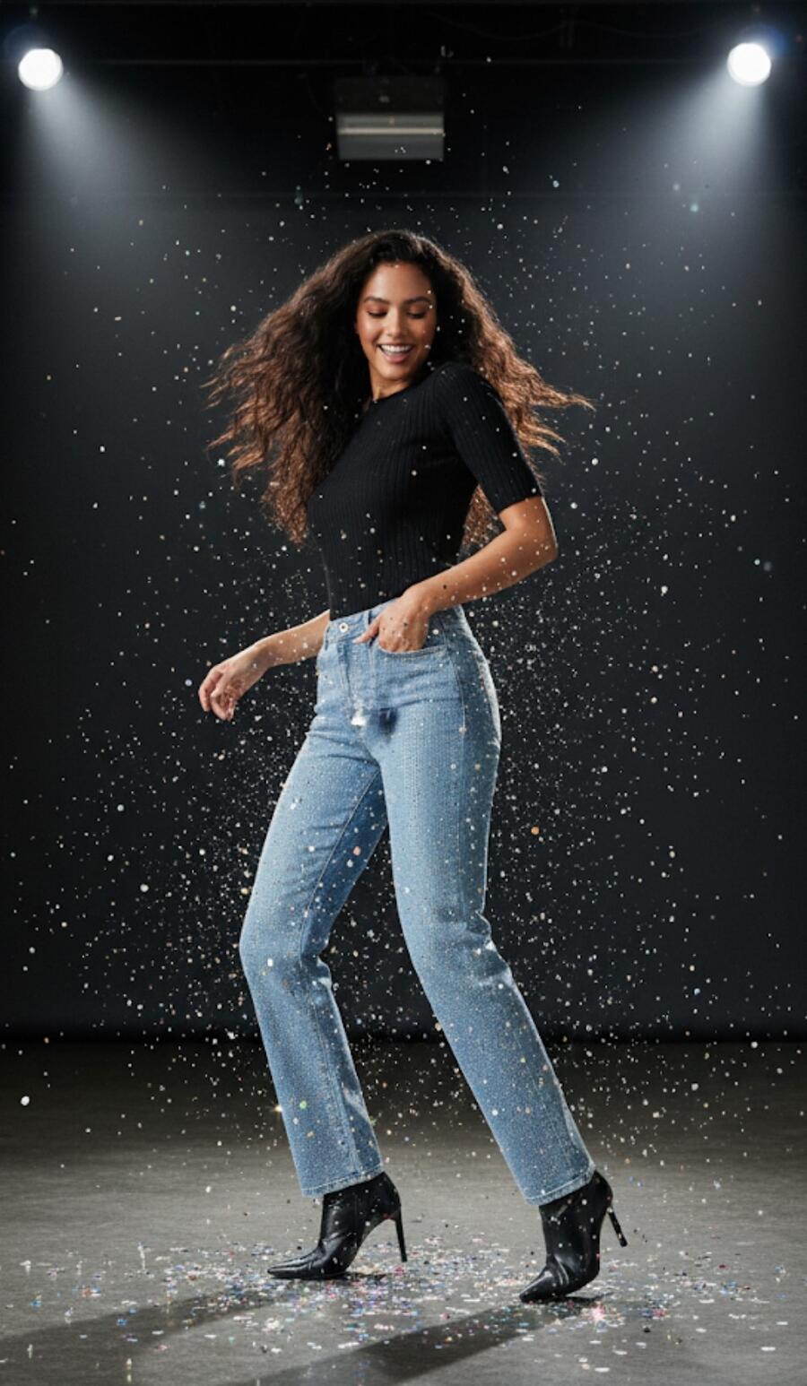 Jeans chiaro con strass luccicanti avanti e indietro dalla taglia S alla XL
