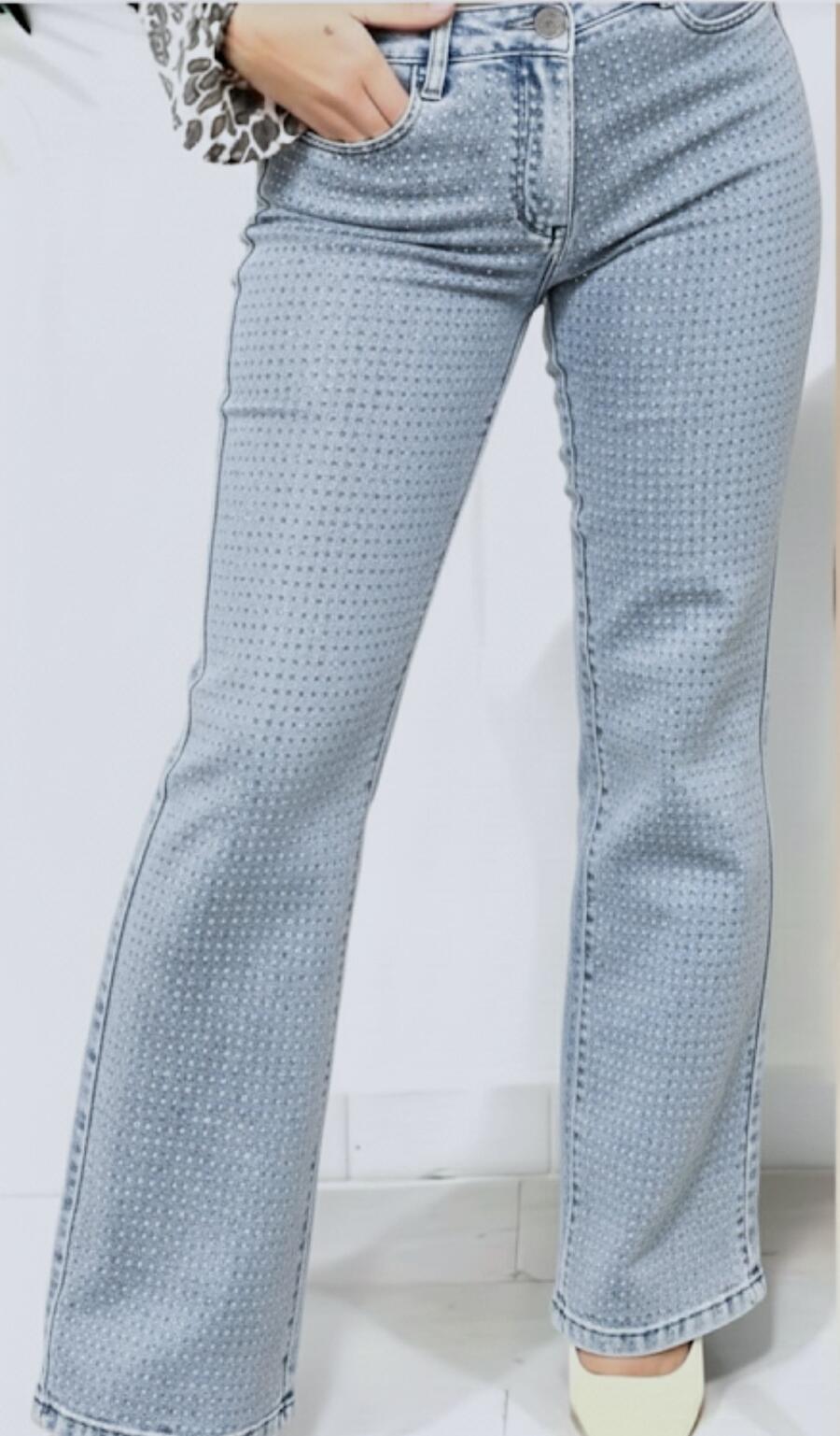 Jeans chiaro con strass luccicanti avanti e indietro dalla taglia S alla XL