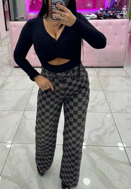 Jeans palazzo scacchi grigio taglie dalla XS alla XL