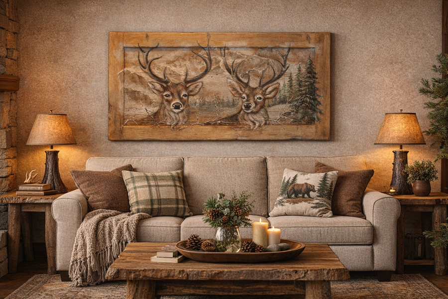 Quadro su tavole di legno vecchio dipinto a mano raffigurante 2 cervi 140x70 cm