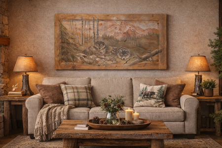 Quadro su tavole di legno vecchio raffigurante due lupi sdraiati 140x70cm