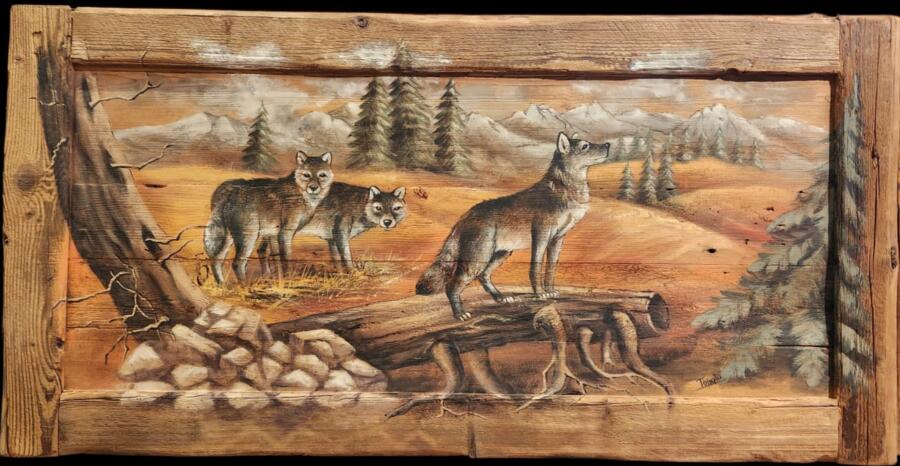 Quadro su tavole di legno vecchio dipinto a mano raffigurante lupi 140x70 cm