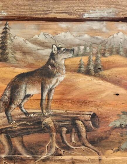 Quadro su tavole di legno vecchio dipinto a mano raffigurante lupi 140x70 cm