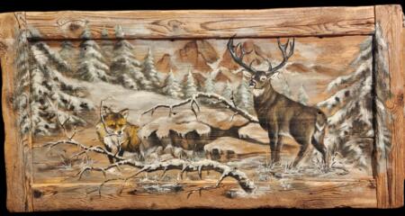 Quadro su tavole di legno vecchio dipinto a mano raffigurante una volpe e un cervo 140x70 cm