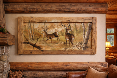 Quadro su tavole di legno vecchio dipinto a mano raffigurante cervi in piedi 140x70 cm