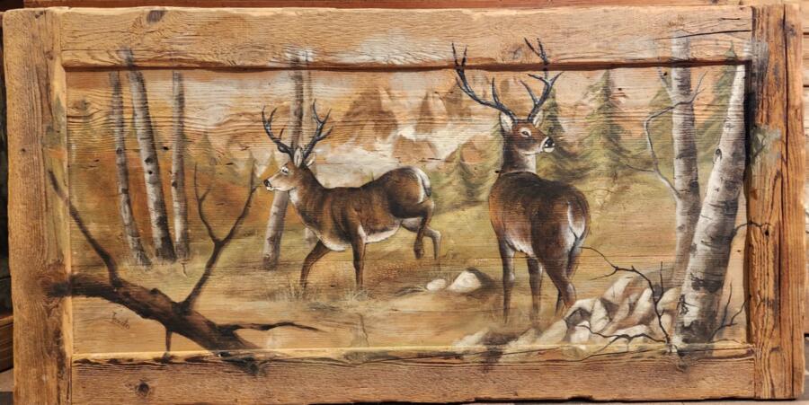 Quadro su tavole di legno vecchio dipinto a mano raffigurante cervi in piedi 140x70 cm