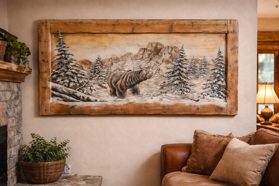 Quadro su tavole di legno vecchio dipinto a mano raffigurante un orso con paesaggio monte Pelmo 140x70 cm
