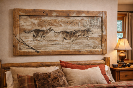 Quadro su tavole di legno vecchio dipinto a mano raffigurante lupi in corsa140x70 cm