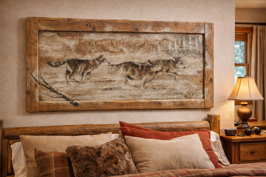 Quadro su tavole di legno vecchio dipinto a mano raffigurante lupi in corsa140x70 cm