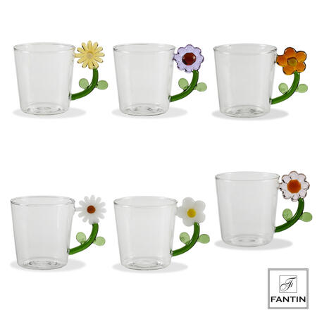 Fantin Argenti - Set 6 bicchieri con manico floreale vetro cm. Ø8,5 h8,8