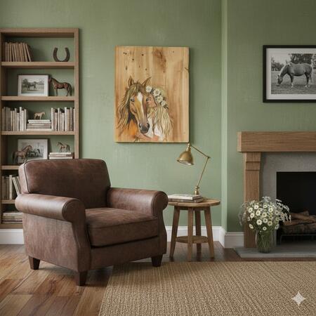 Quadro dipinto su tavola di legno vecchio raffigurante ragazza con cavallo