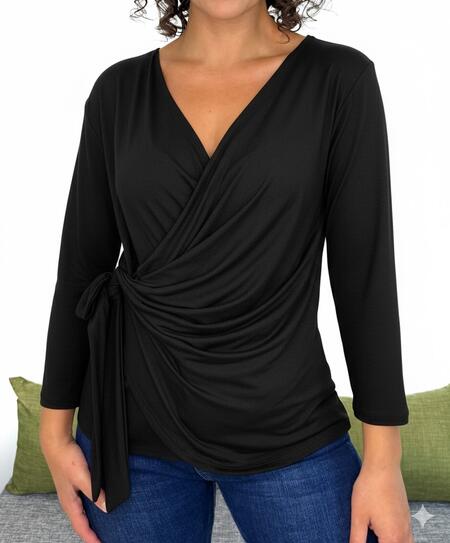 Maglia morbida scollo a V con chiusura a portafoglio fiocco laterale vari colori taglia unica