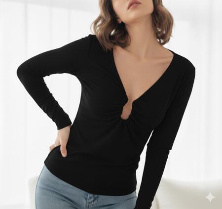 Maglia in lycra scollata con effetto U al seno vari colori taglia unica