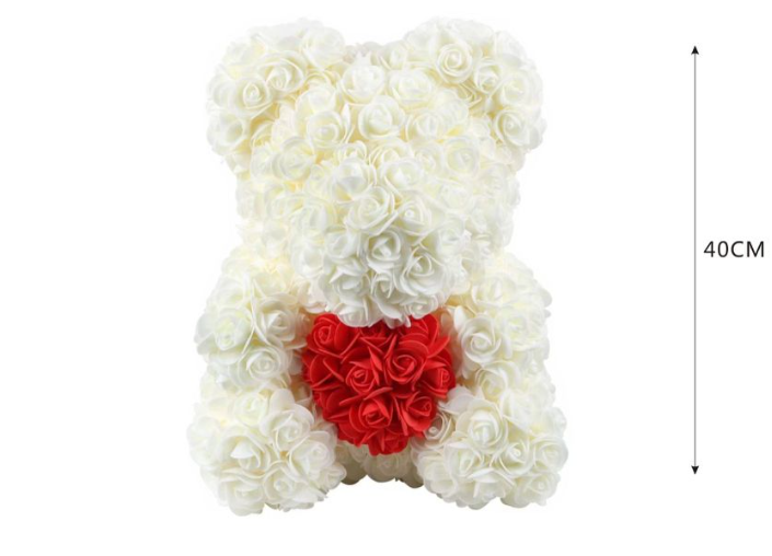 ORSETTO ROSE BIANCHE CON CUORE  mis.35x25x28 cm