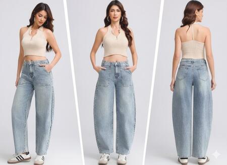 Jeans balloon sabbiato chiaro con tasche quadrate dalla XS alla XL