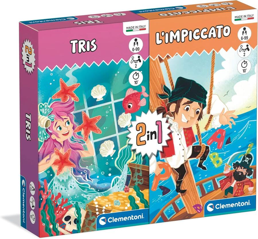 Clementoni - Gioco da Tavolo 2 in 1, Tris e Impiccato, per Bambini 6+ Anni e Adulti, Gioco di Società da 2 Giocatori,  Made in Italy, Lingua Italiana, 16589