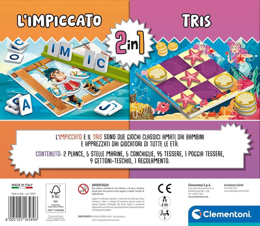 Clementoni - Gioco da Tavolo 2 in 1, Tris e Impiccato, per Bambini 6+ Anni e Adulti, Gioco di Società da 2 Giocatori,  Made in Italy, Lingua Italiana, 16589
