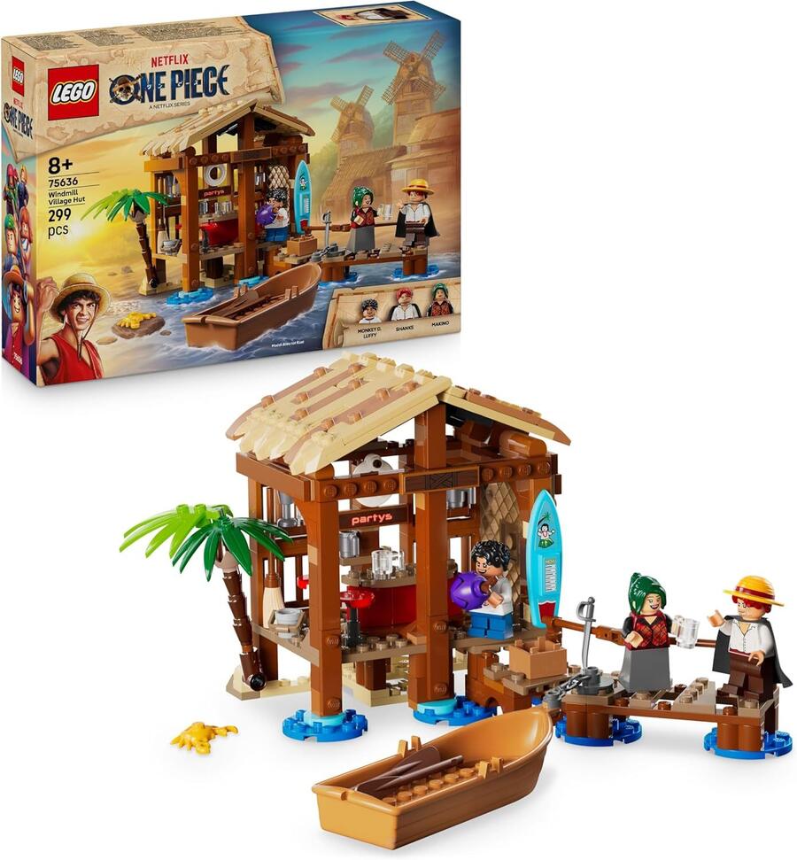 LEGO ONE PIECE La Capanna del Villaggio Foosha Giocattolo con Barca, Minifigure di Luffy, Shanks e Makino, Accessori e Poster Ricercato - Regalo per Bambini, Bambine e Fan degli Anime da 8 Anni 75636