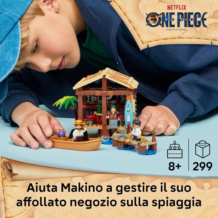 LEGO ONE PIECE La Capanna del Villaggio Foosha Giocattolo con Barca, Minifigure di Luffy, Shanks e Makino, Accessori e Poster Ricercato - Regalo per Bambini, Bambine e Fan degli Anime da 8 Anni 75636