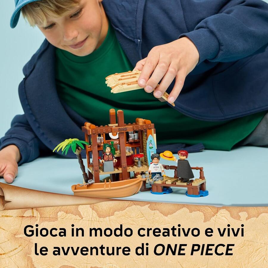 LEGO ONE PIECE La Capanna del Villaggio Foosha Giocattolo con Barca, Minifigure di Luffy, Shanks e Makino, Accessori e Poster Ricercato - Regalo per Bambini, Bambine e Fan degli Anime da 8 Anni 75636