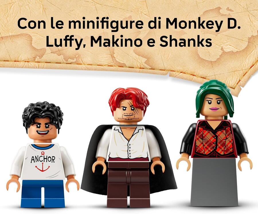 LEGO ONE PIECE La Capanna del Villaggio Foosha Giocattolo con Barca, Minifigure di Luffy, Shanks e Makino, Accessori e Poster Ricercato - Regalo per Bambini, Bambine e Fan degli Anime da 8 Anni 75636